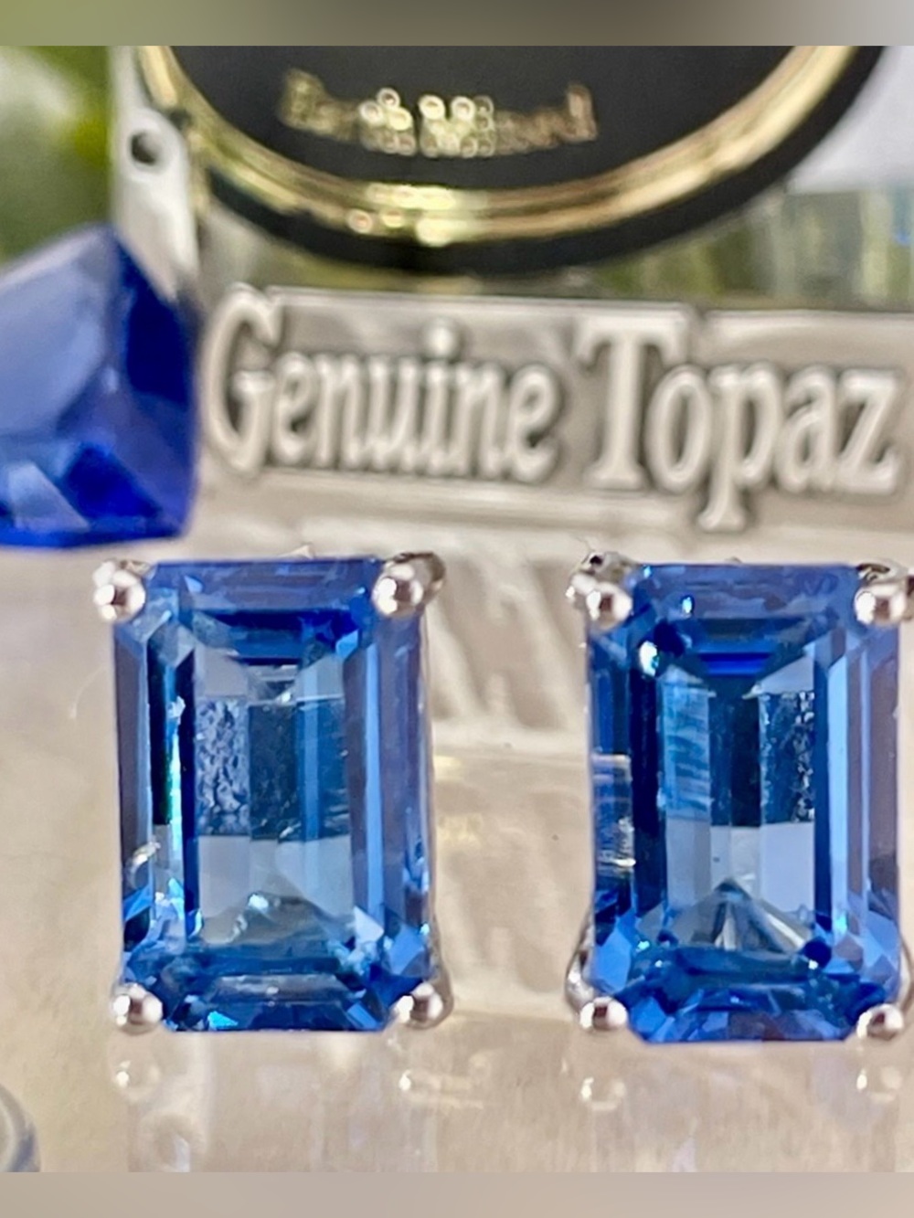 Blue Topaz Stud Earrings 14k white Gold on Sterling Silver.